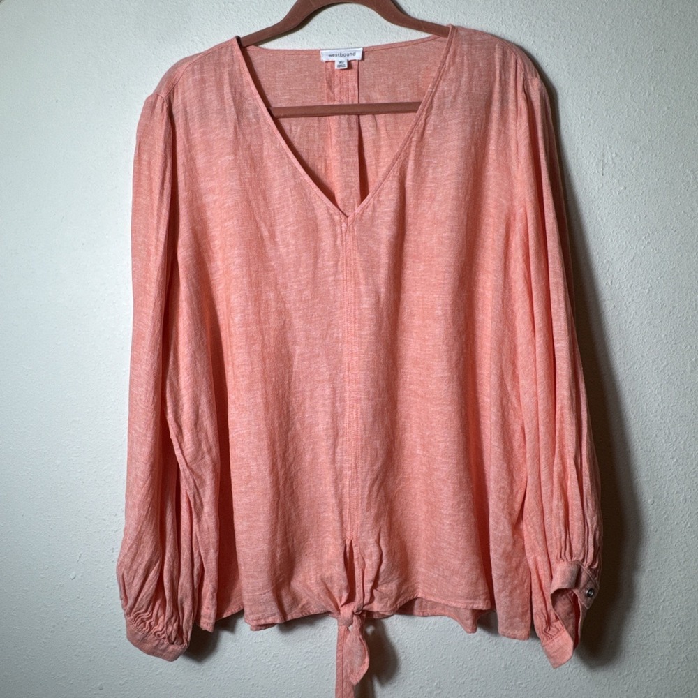 Westbound XL Linen Rayon Coral V Neck Tie Front Blouse Long Sleeve